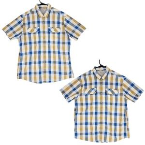 2 Eddie Bauer Travex Button Up Shirts XL Men Plaid Blue Caramel White 48x30/32‎